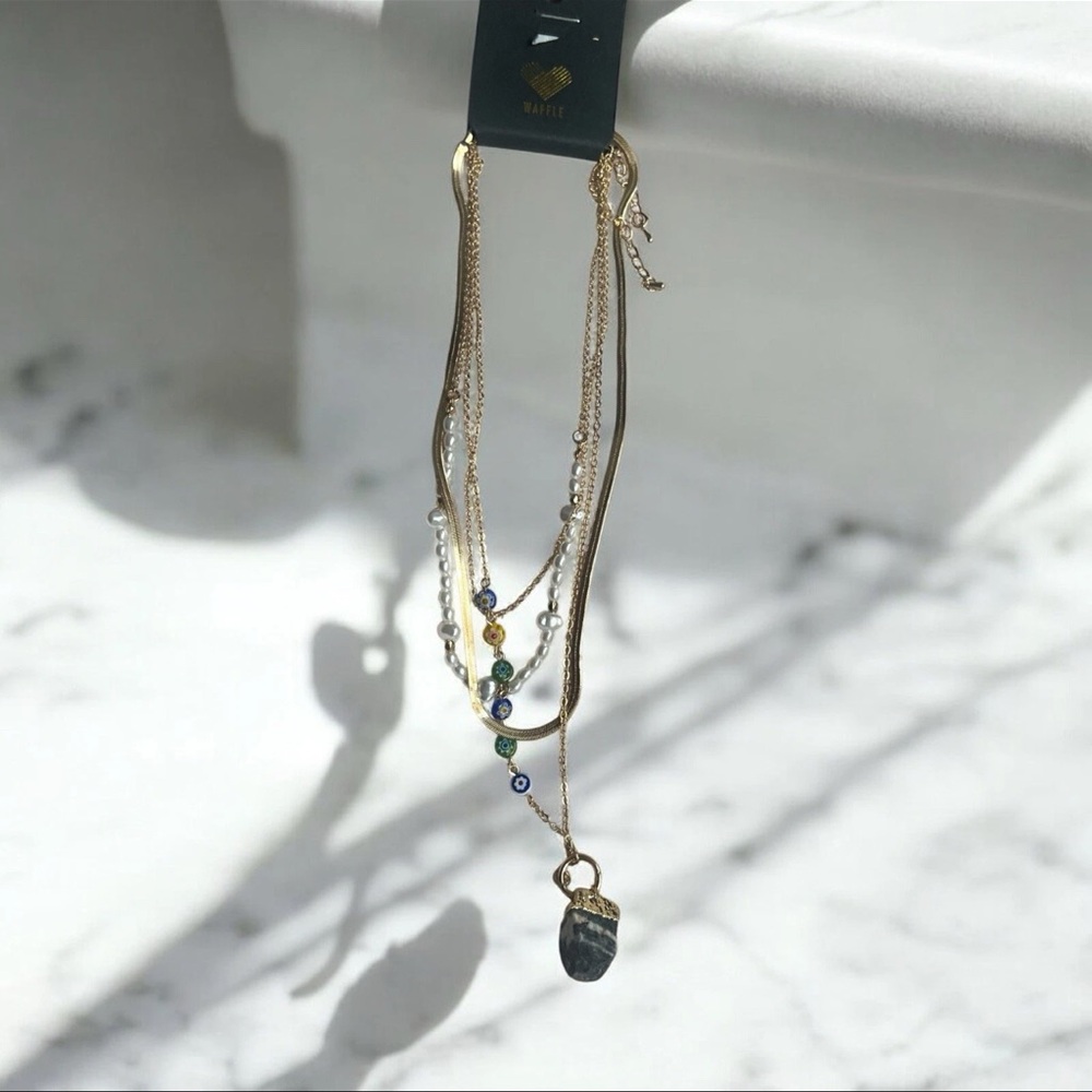 Waffle Multi Strand Necklace Gold Faux Pearls and Elegant Rock Pendant